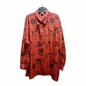 Notations Woman Floral Sheer Button Up Blouse Red 3X JC492